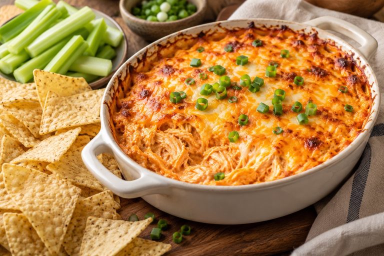 Baked Buffalo Chicken Dip for Game Day served fresh with the ingredients described in the recipe